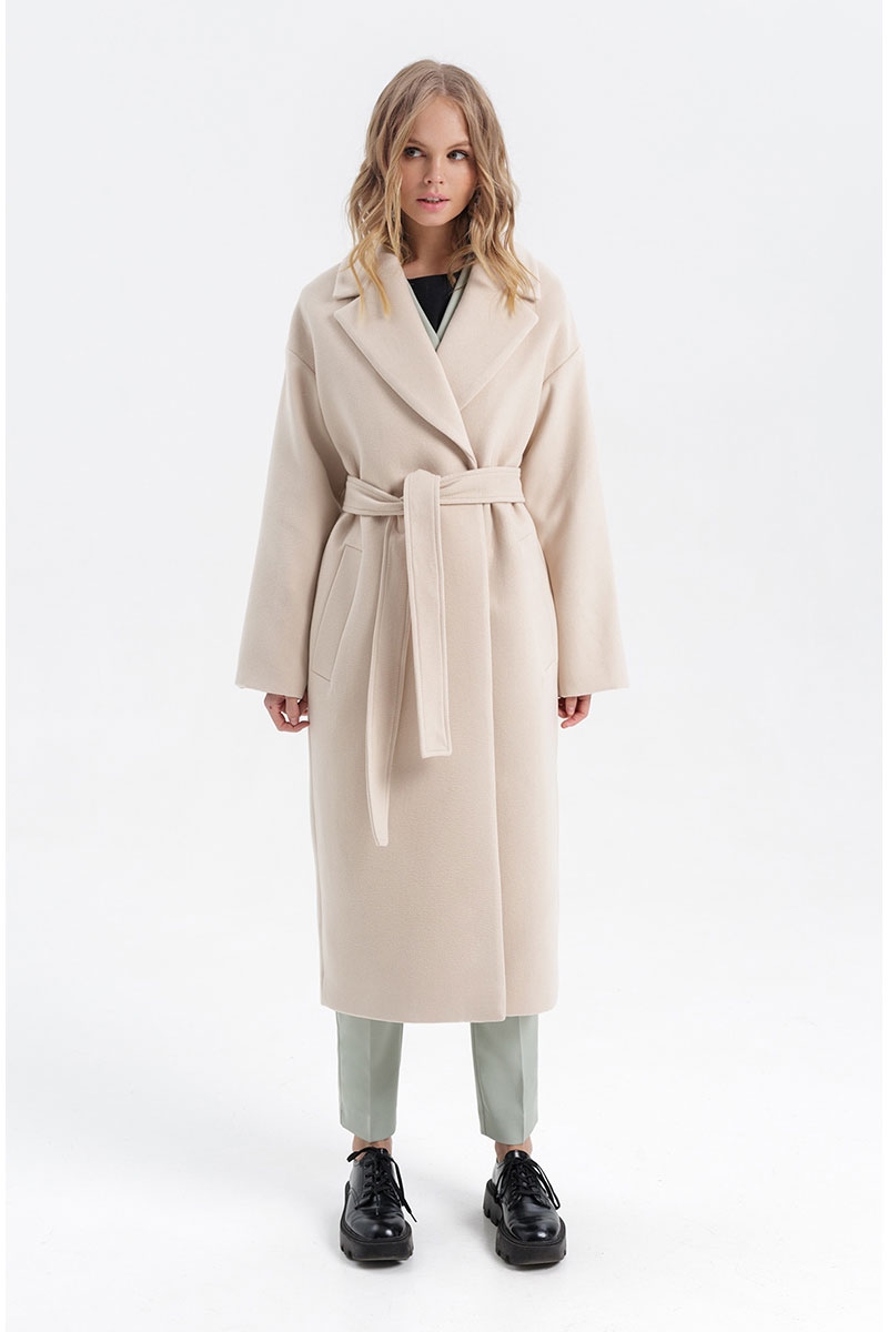 Двубортное женское пальто-халат свободного покроя